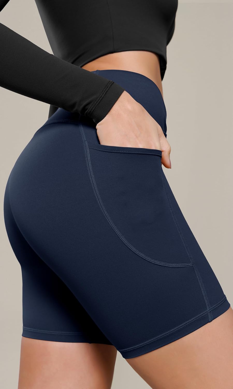 ODODOS Cloud Feeling Cross Waist Yoga Shorts with Pockets for Women 6quot Crossover High Waist Lounge Biker ShortsNavy
