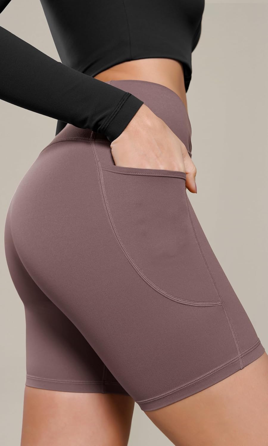 ODODOS Cloud Feeling Cross Waist Yoga Shorts with Pockets for Women 6quot Crossover High Waist Lounge Biker ShortsPurple Taupe