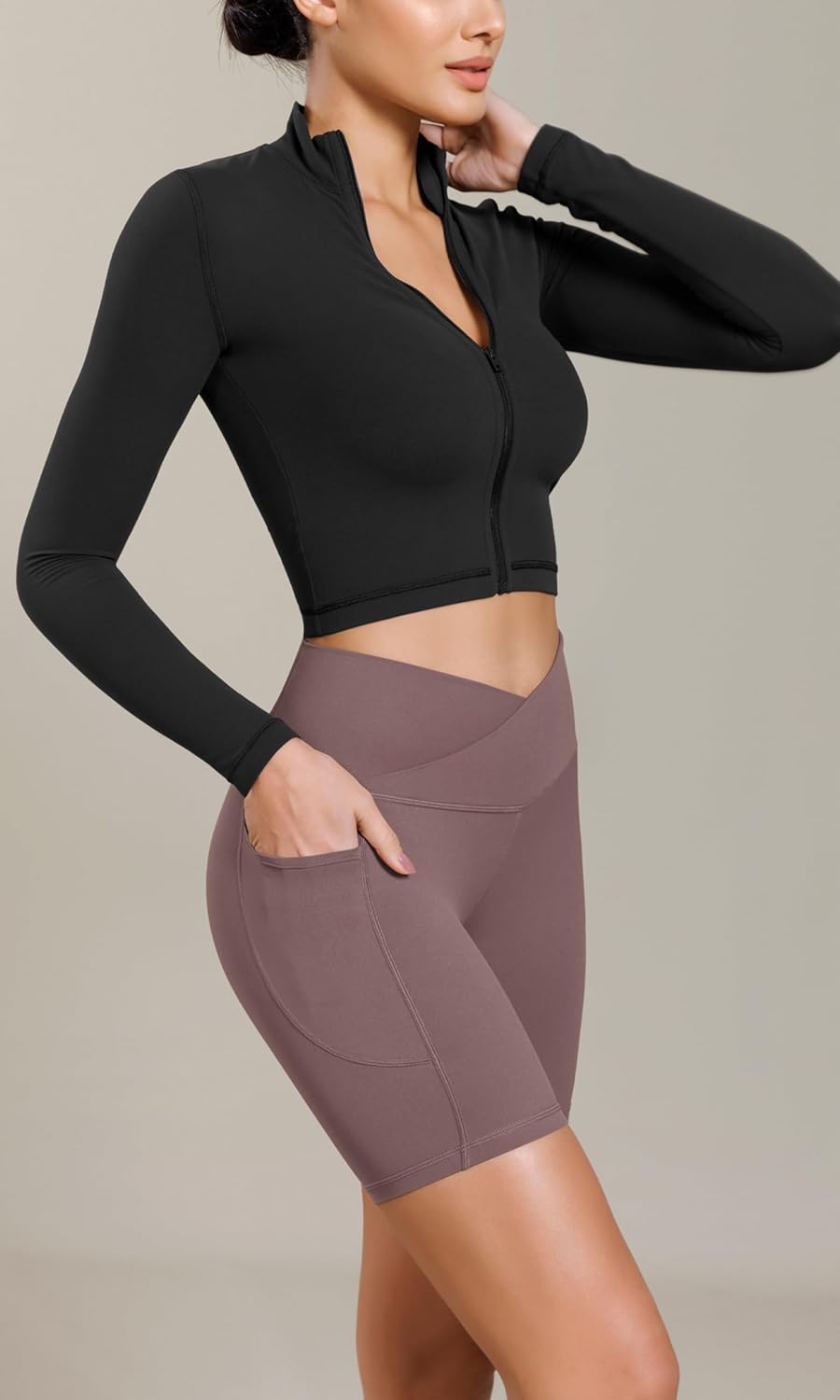 ODODOS Cloud Feeling Cross Waist Yoga Shorts with Pockets for Women 6quot Crossover High Waist Lounge Biker ShortsPurple Taupe