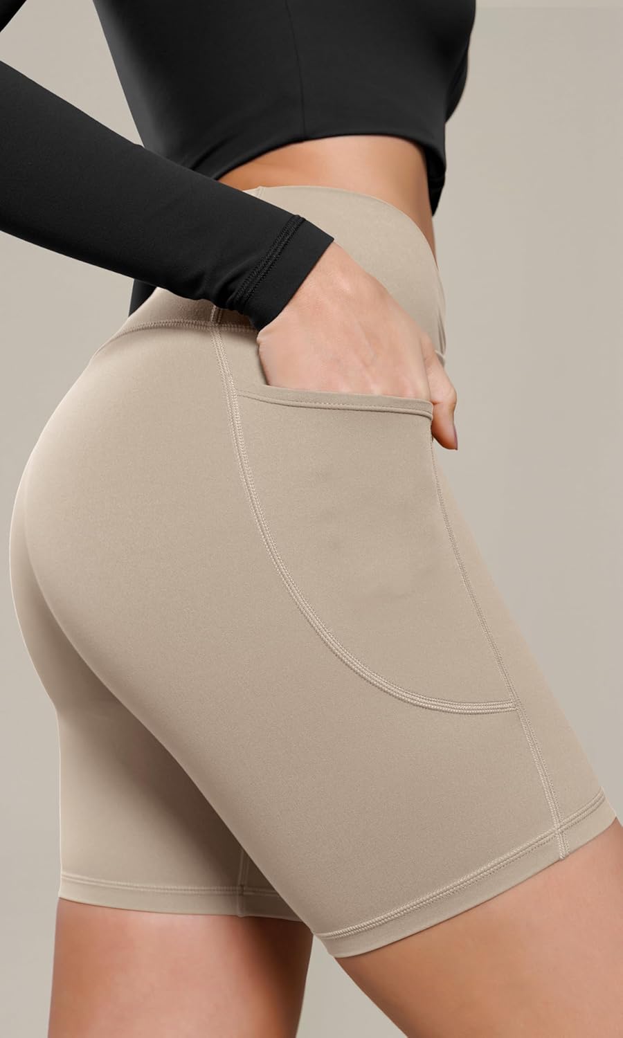 ODODOS Cloud Feeling Cross Waist Yoga Shorts with Pockets for Women 6quot Crossover High Waist Lounge Biker ShortsShaker Beige