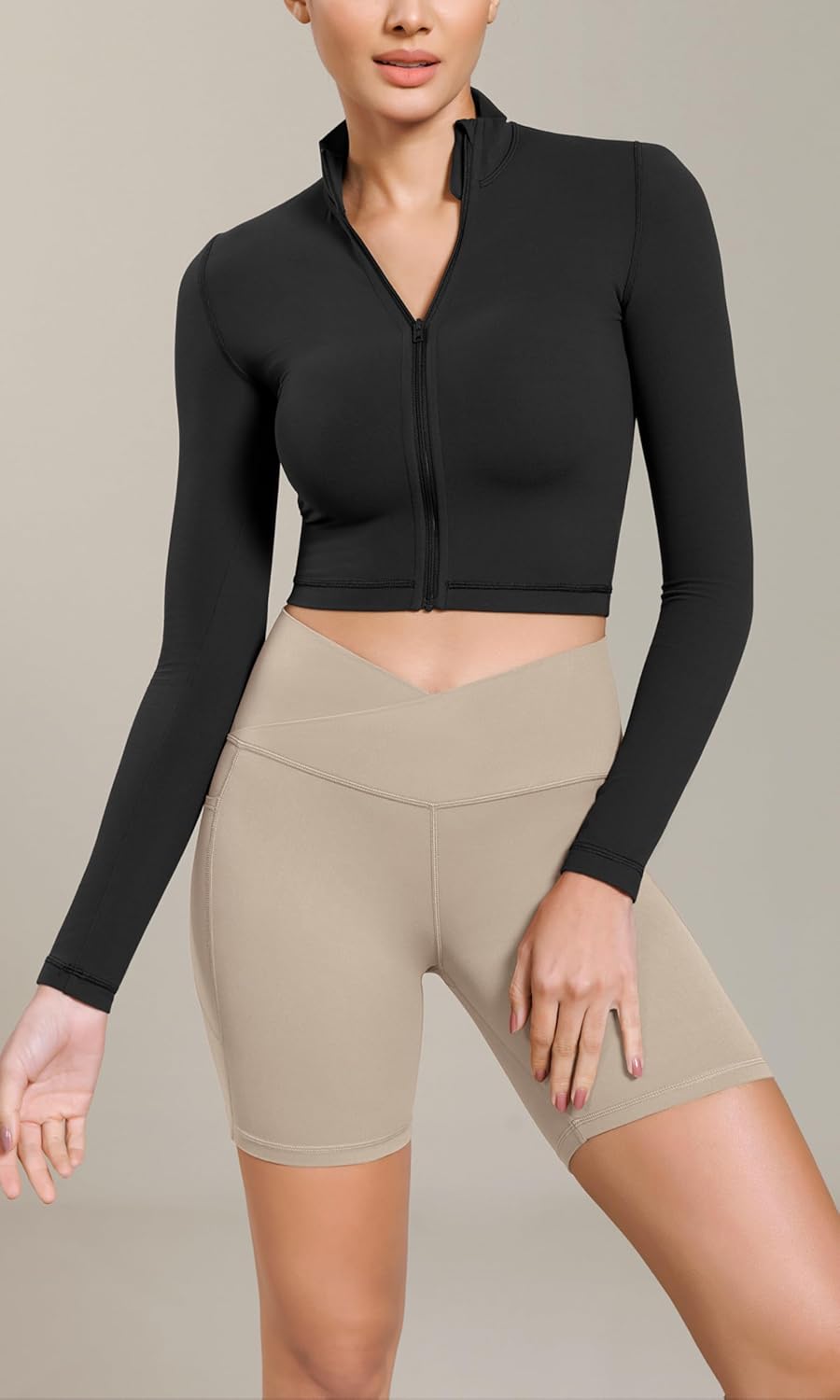 ODODOS Cloud Feeling Cross Waist Yoga Shorts with Pockets for Women 6quot Crossover High Waist Lounge Biker ShortsShaker Beige