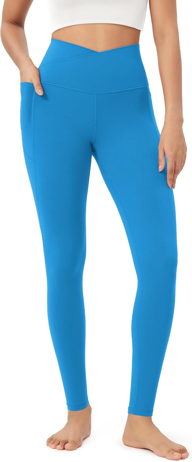 ODODOS Cloud Feeling Crossover 78 Leggings with Pockets for Women 25quot  28quot V High Wasit Lounge Yoga PantsAzure