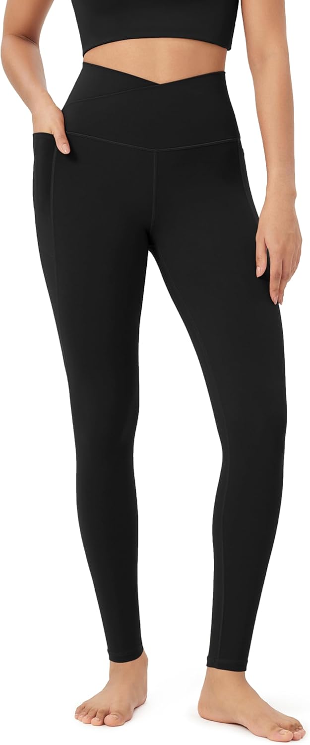 ODODOS Cloud Feeling Crossover 78 Leggings with Pockets for Women 25quot  28quot V High Wasit Lounge Yoga PantsBlack