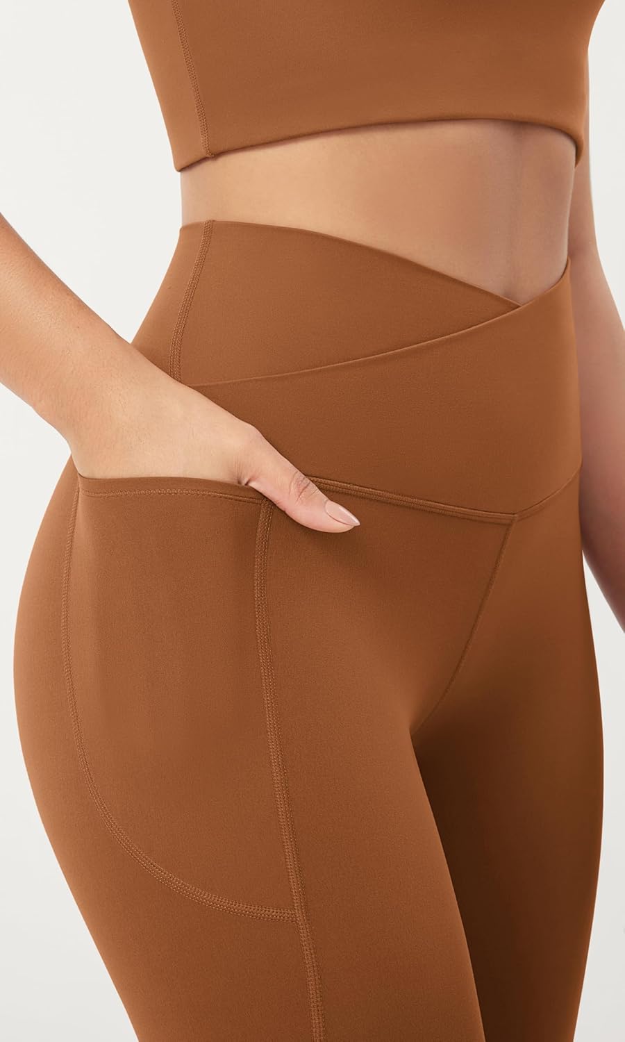 ODODOS Cloud Feeling Crossover 78 Leggings with Pockets for Women 25quot  28quot V High Wasit Lounge Yoga PantsCaramel