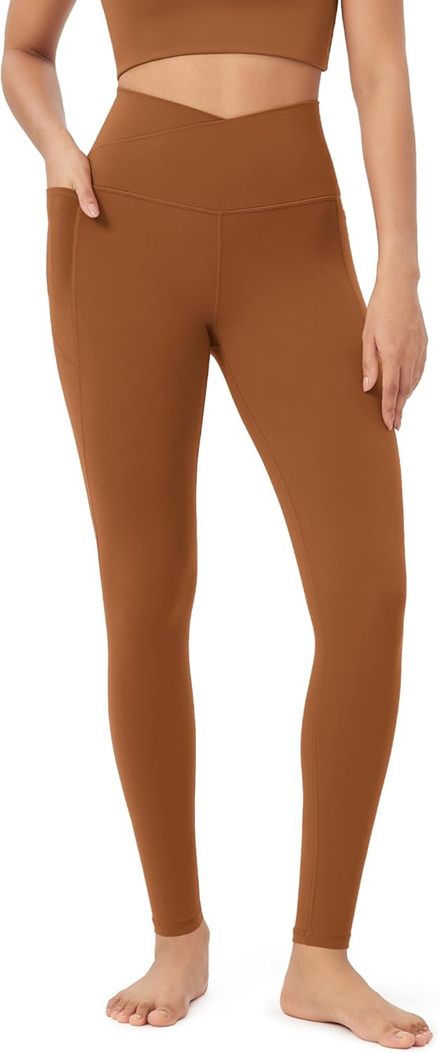 ODODOS Cloud Feeling Crossover 78 Leggings with Pockets for Women 25quot  28quot V High Wasit Lounge Yoga PantsCaramel