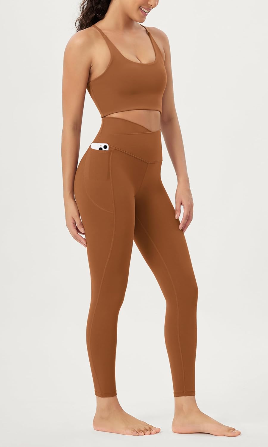 ODODOS Cloud Feeling Crossover 78 Leggings with Pockets for Women 25quot  28quot V High Wasit Lounge Yoga PantsCaramel