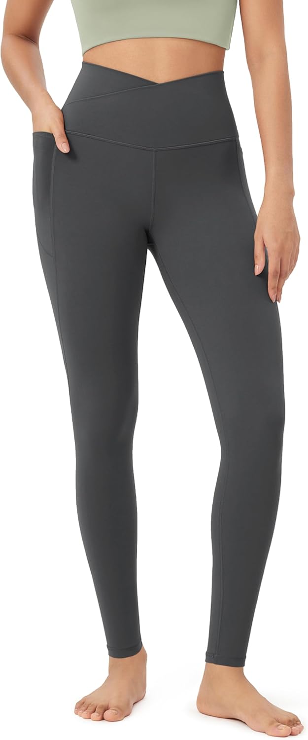 ODODOS Cloud Feeling Crossover 78 Leggings with Pockets for Women 25quot  28quot V High Wasit Lounge Yoga PantsCharcoal