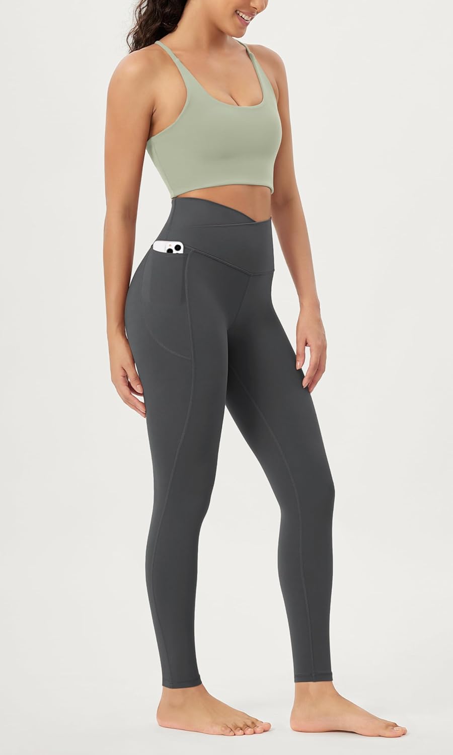 ODODOS Cloud Feeling Crossover 78 Leggings with Pockets for Women 25quot  28quot V High Wasit Lounge Yoga PantsCharcoal