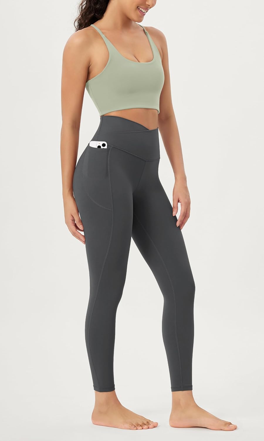 ODODOS Cloud Feeling Crossover 78 Leggings with Pockets for Women 25quot  28quot V High Wasit Lounge Yoga PantsCharcoal
