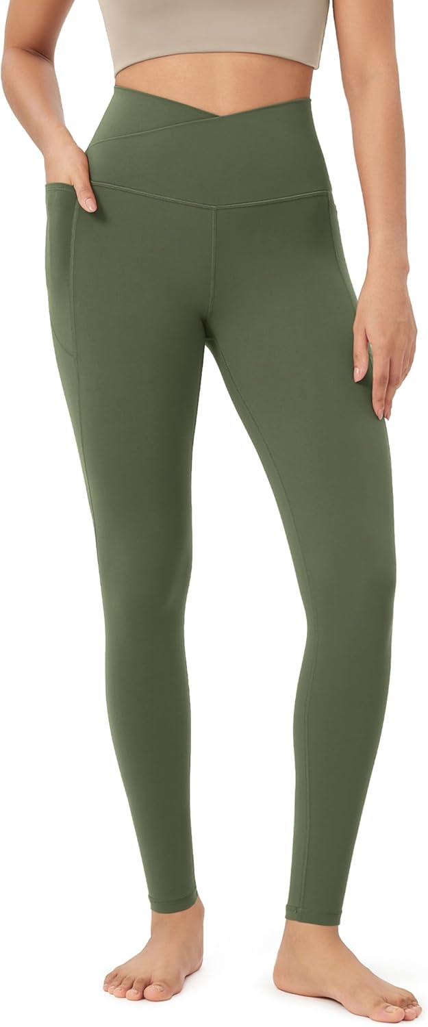 ODODOS Cloud Feeling Crossover 78 Leggings with Pockets for Women 25quot  28quot V High Wasit Lounge Yoga PantsDark Olive