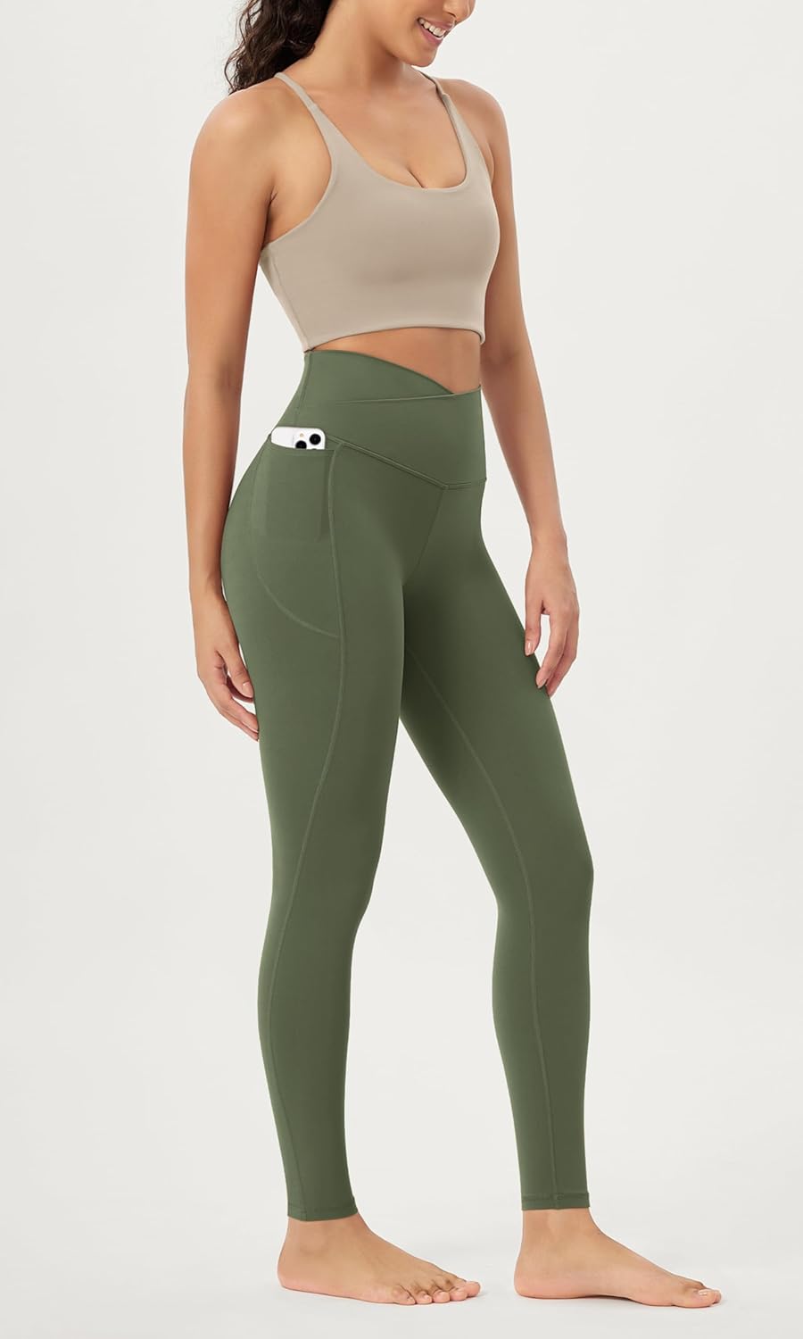 ODODOS Cloud Feeling Crossover 78 Leggings with Pockets for Women 25quot  28quot V High Wasit Lounge Yoga PantsDark Olive
