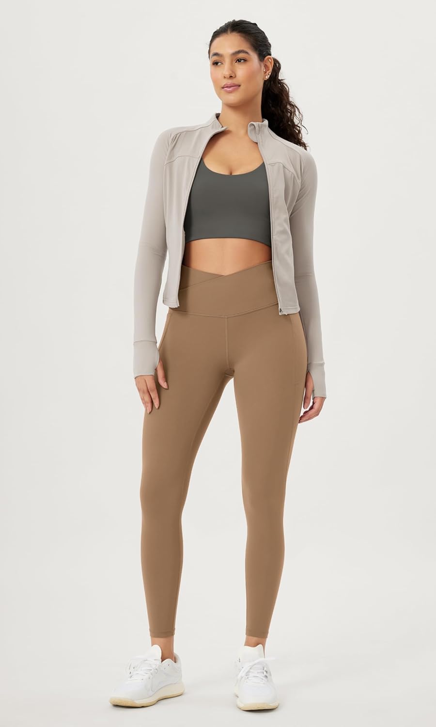 ODODOS Cloud Feeling Crossover 78 Leggings with Pockets for Women 25quot  28quot V High Wasit Lounge Yoga PantsLight Brown