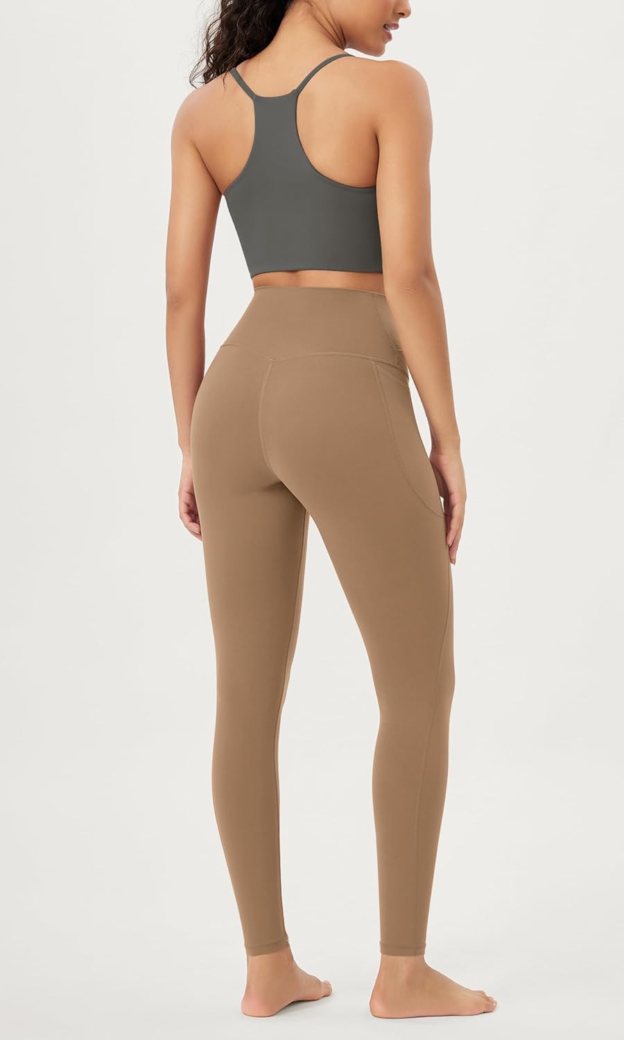 ODODOS Cloud Feeling Crossover 78 Leggings with Pockets for Women 25quot  28quot V High Wasit Lounge Yoga PantsLight Brown