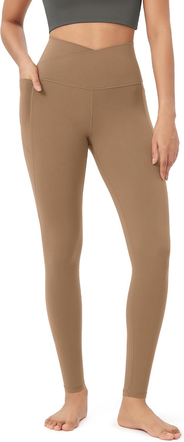 ODODOS Cloud Feeling Crossover 78 Leggings with Pockets for Women 25quot  28quot V High Wasit Lounge Yoga PantsLight Brown