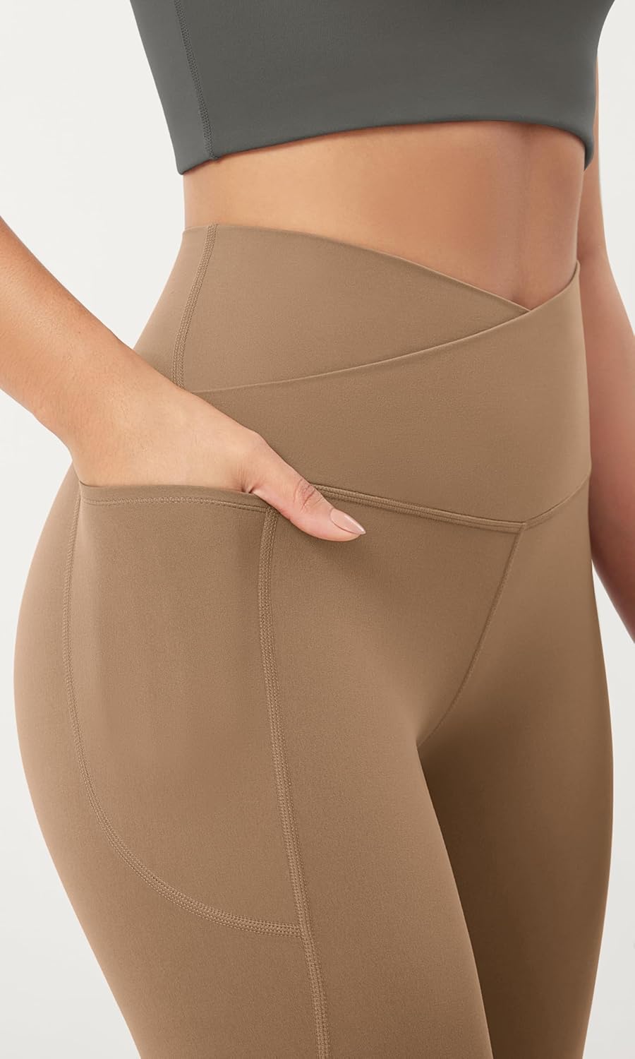 ODODOS Cloud Feeling Crossover 78 Leggings with Pockets for Women 25quot  28quot V High Wasit Lounge Yoga PantsLight Brown