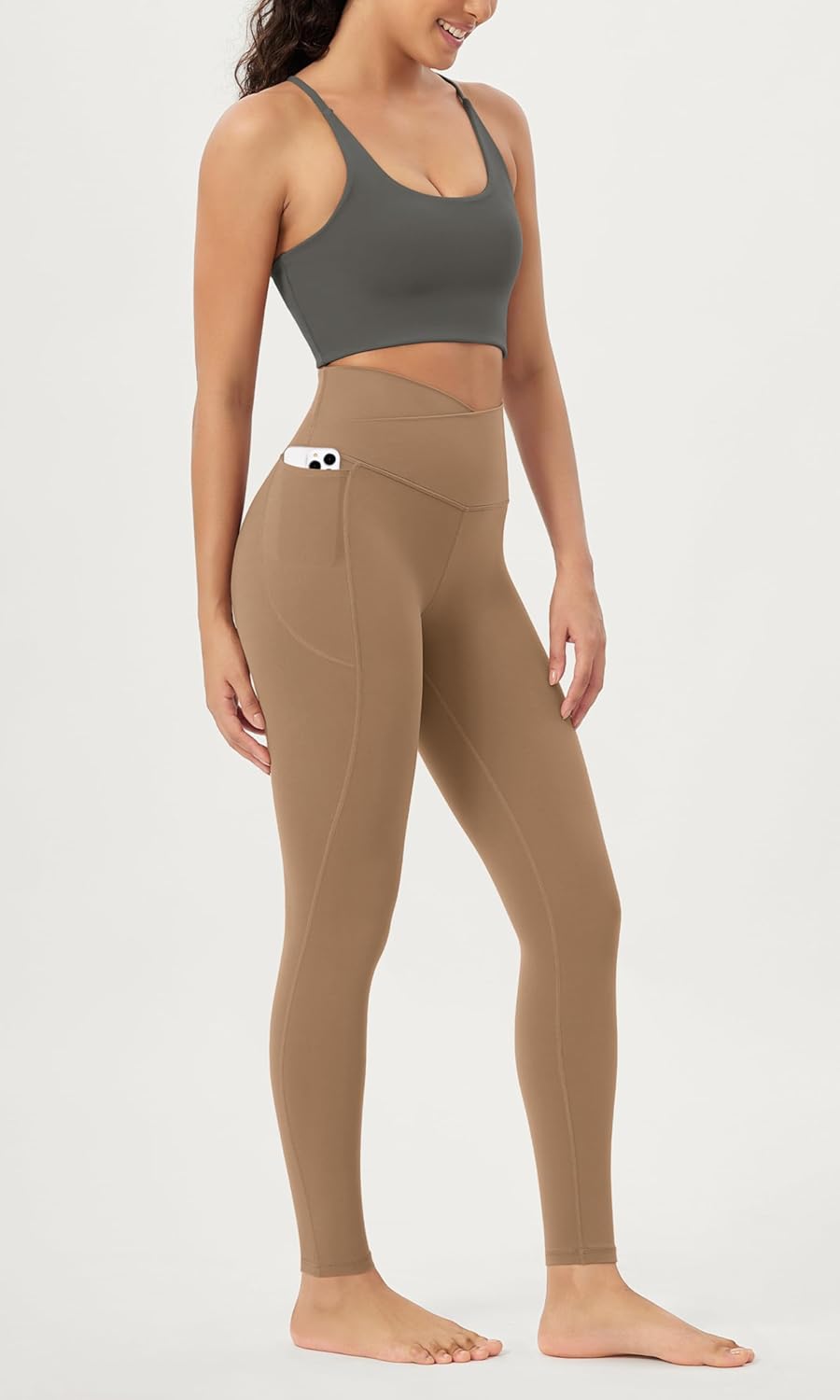 ODODOS Cloud Feeling Crossover 78 Leggings with Pockets for Women 25quot  28quot V High Wasit Lounge Yoga PantsLight Brown