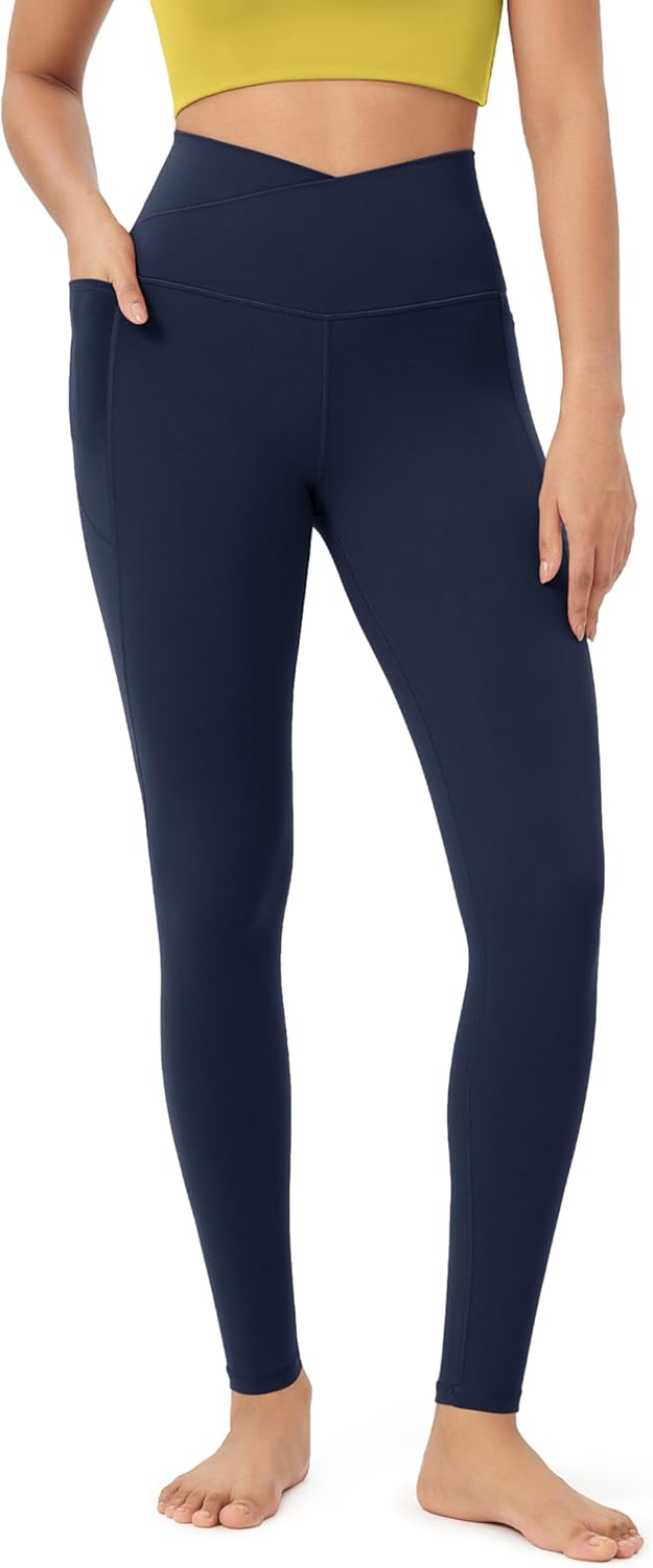 ODODOS Cloud Feeling Crossover 78 Leggings with Pockets for Women 25quot  28quot V High Wasit Lounge Yoga PantsNavy
