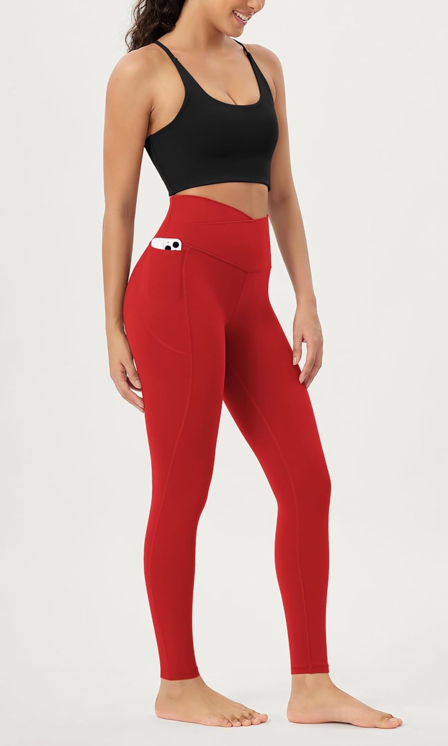 ODODOS Cloud Feeling Crossover 78 Leggings with Pockets for Women 25quot  28quot V High Wasit Lounge Yoga PantsRed