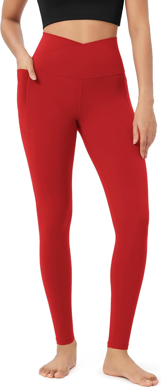 ODODOS Cloud Feeling Crossover 78 Leggings with Pockets for Women 25quot  28quot V High Wasit Lounge Yoga PantsRed