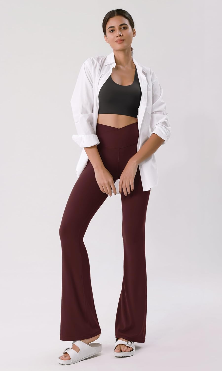 ODODOS Cloud Feeling Crossover High Waist Flared Pants for Women Bootcut Yoga Pants with Back Pocket3032quot InseamBurgundy