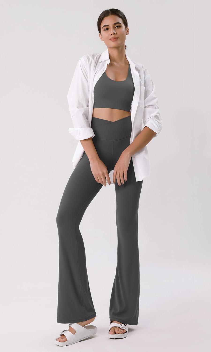 ODODOS Cloud Feeling Crossover High Waist Flared Pants for Women Bootcut Yoga Pants with Back Pocket3032quot InseamCharcoal