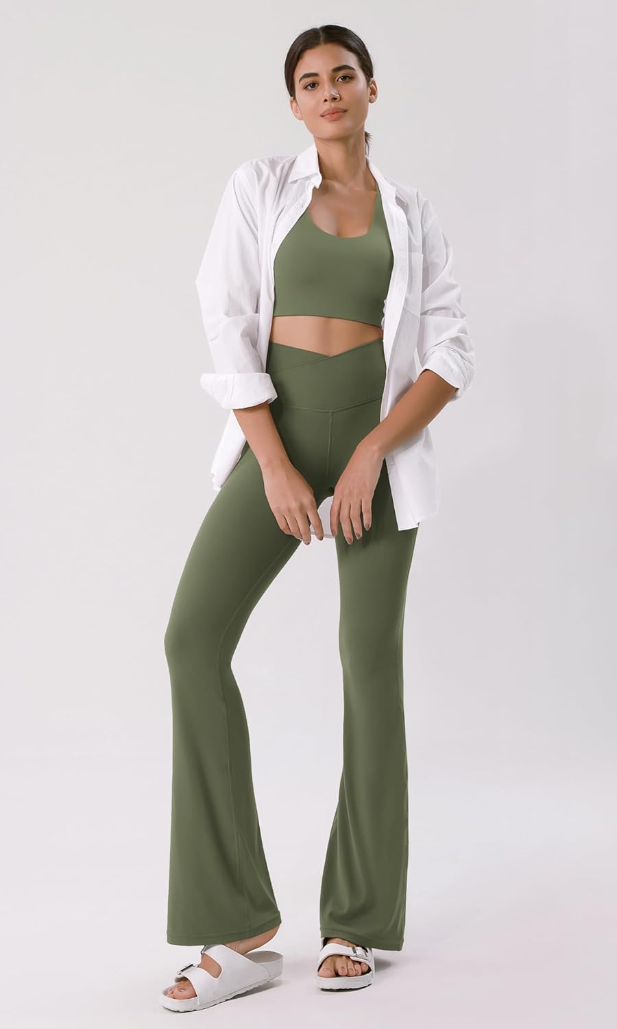 ODODOS Cloud Feeling Crossover High Waist Flared Pants for Women Bootcut Yoga Pants with Back Pocket3032quot InseamDark Olive