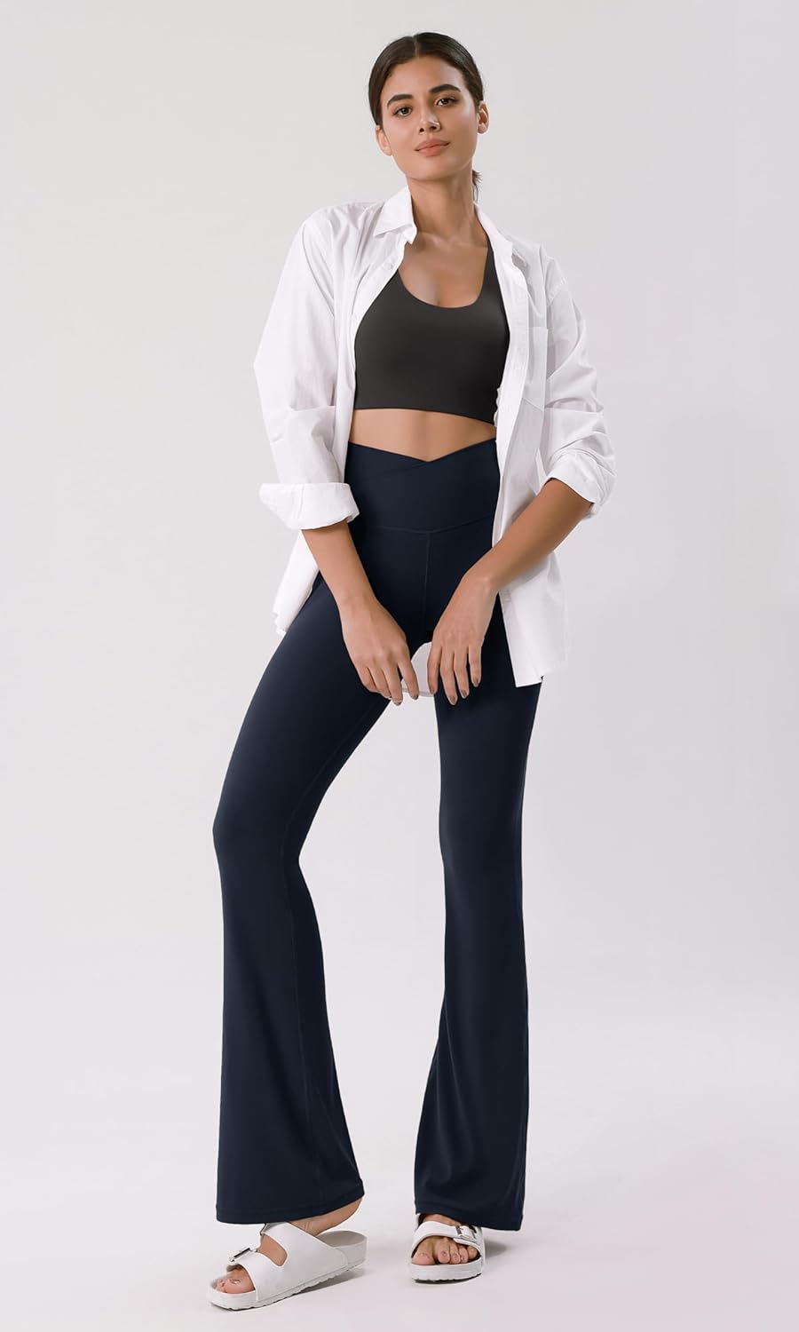 ODODOS Cloud Feeling Crossover High Waist Flared Pants for Women Bootcut Yoga Pants with Back Pocket3032quot InseamDeep Navy