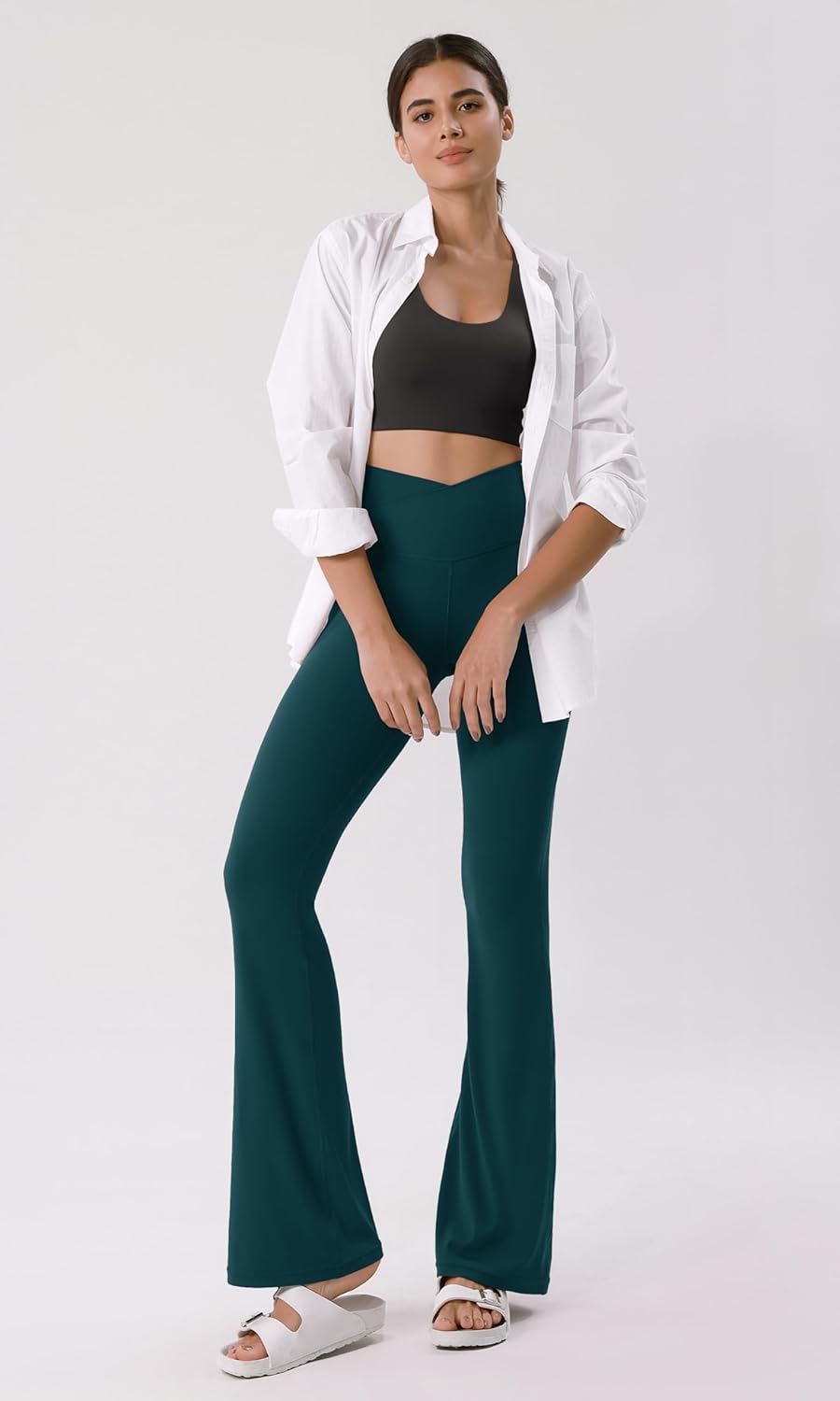 ODODOS Cloud Feeling Crossover High Waist Flared Pants for Women Bootcut Yoga Pants with Back Pocket3032quot InseamForest Teal