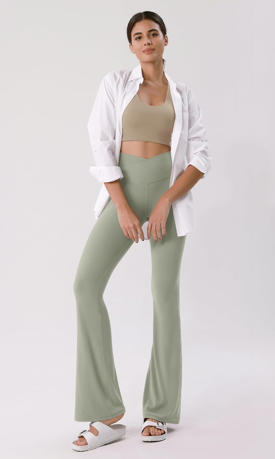 ODODOS Cloud Feeling Crossover High Waist Flared Pants for Women Bootcut Yoga Pants with Back Pocket3032quot InseamLime Stone