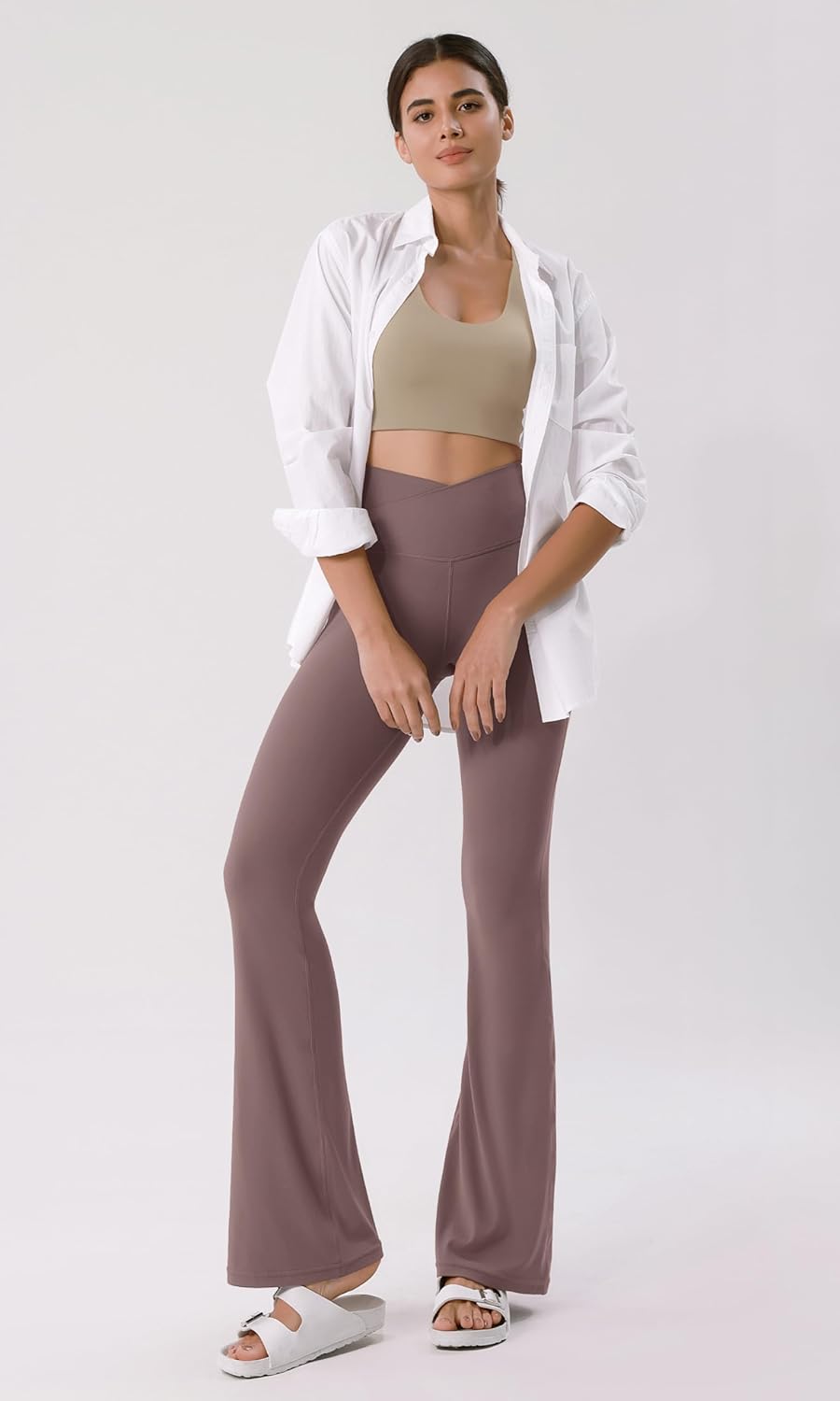 ODODOS Cloud Feeling Crossover High Waist Flared Pants for Women Bootcut Yoga Pants with Back Pocket3032quot InseamPurple Taupe