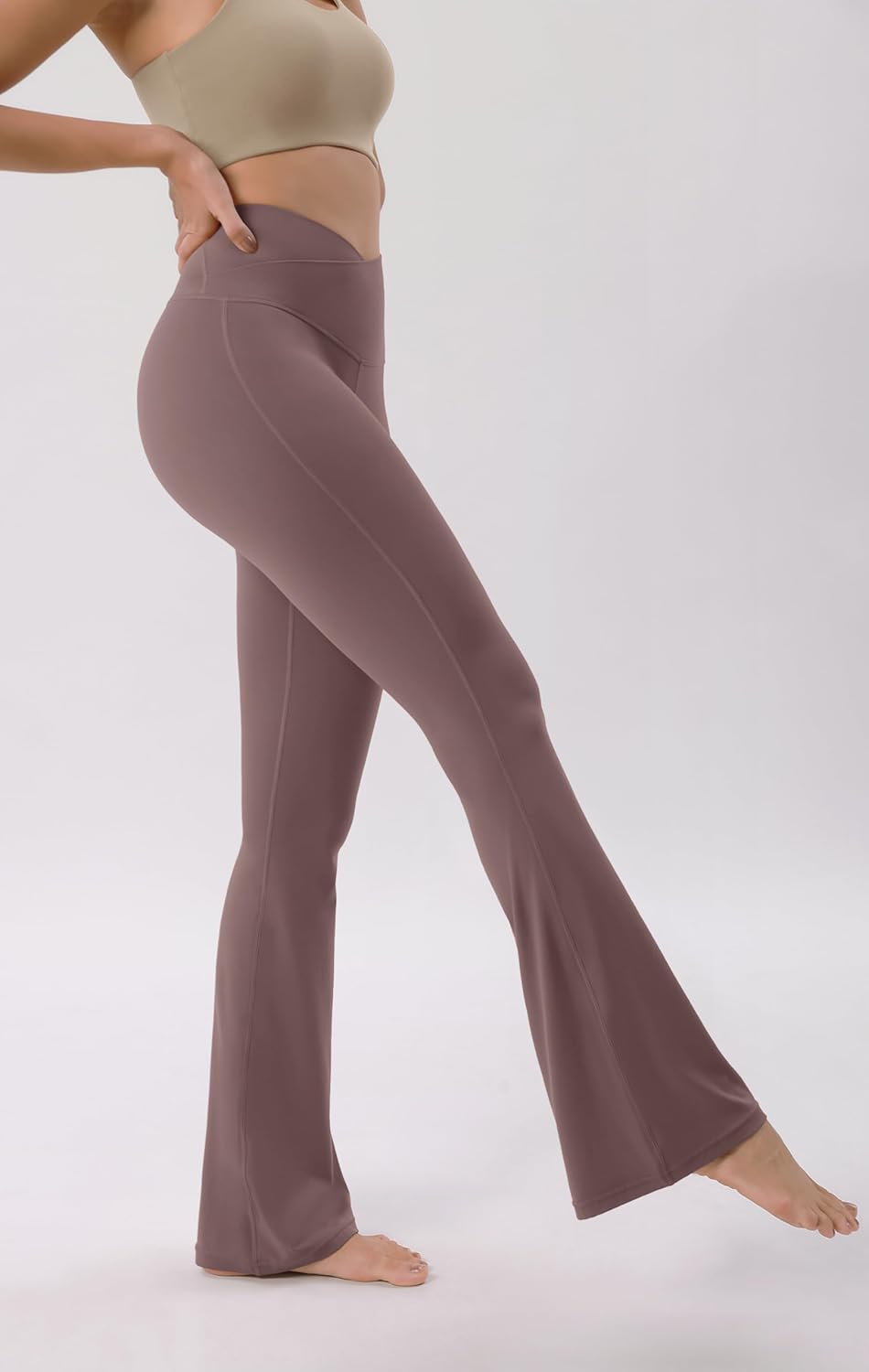 ODODOS Cloud Feeling Crossover High Waist Flared Pants for Women Bootcut Yoga Pants with Back Pocket3032quot InseamPurple Taupe