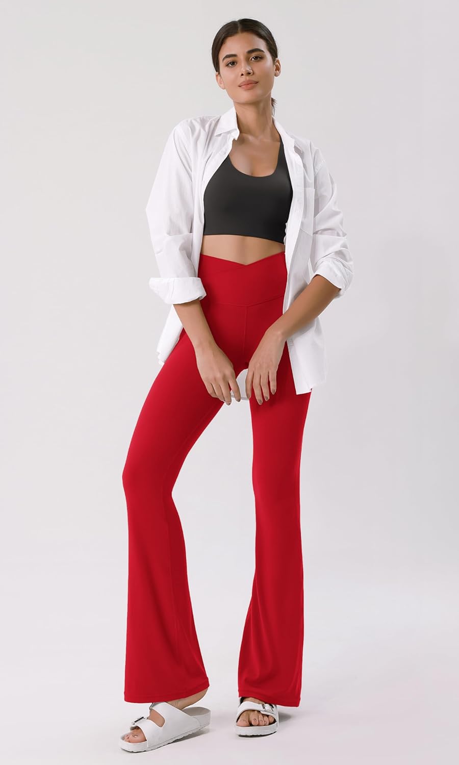 ODODOS Cloud Feeling Crossover High Waist Flared Pants for Women Bootcut Yoga Pants with Back Pocket3032quot InseamRed