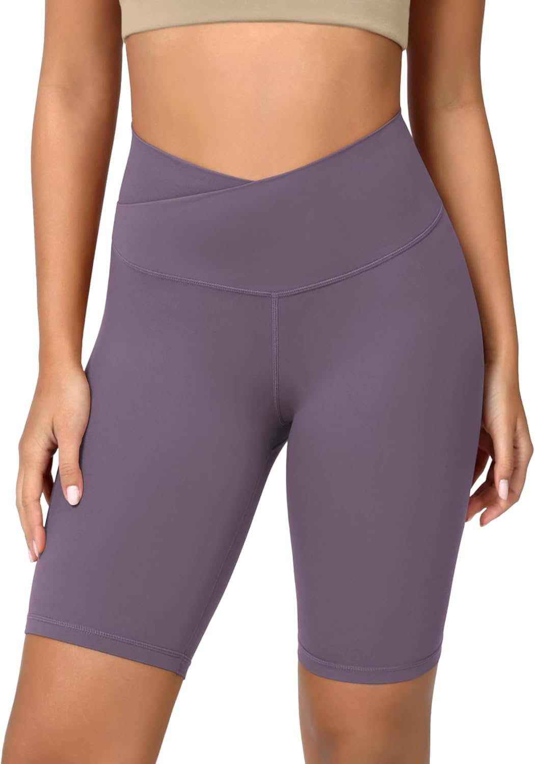 ODODOS Cloud Feeling Crossover Yoga Shorts with Back Pocket for Women 6quot  8 V High Wasit Lounge Biker ShortsAsh Violet