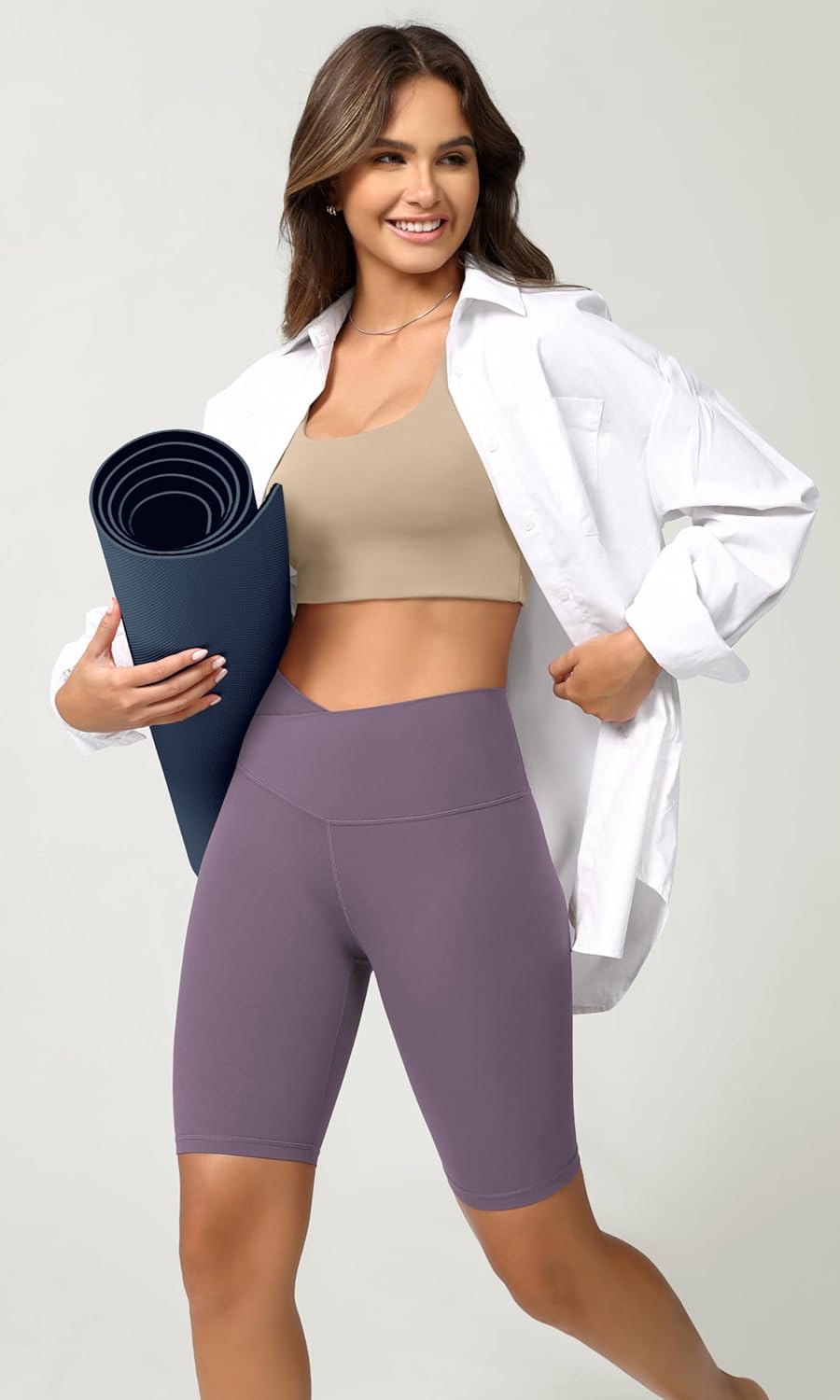 ODODOS Cloud Feeling Crossover Yoga Shorts with Back Pocket for Women 6quot  8 V High Wasit Lounge Biker ShortsAsh Violet