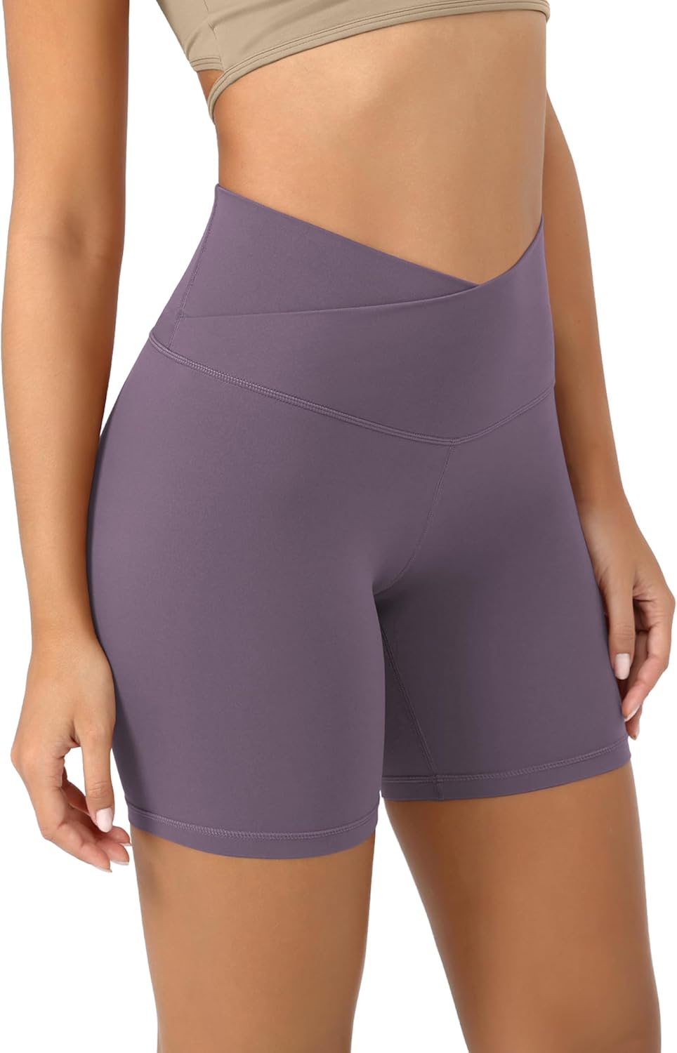 ODODOS Cloud Feeling Crossover Yoga Shorts with Back Pocket for Women 6quot  8 V High Wasit Lounge Biker ShortsAsh Violet