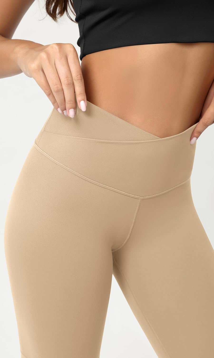 ODODOS Cloud Feeling Crossover Yoga Shorts with Back Pocket for Women 6quot  8 V High Wasit Lounge Biker ShortsBeige