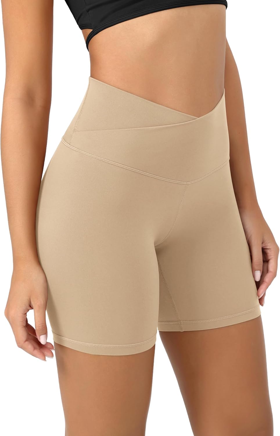 ODODOS Cloud Feeling Crossover Yoga Shorts with Back Pocket for Women 6quot  8 V High Wasit Lounge Biker ShortsBeige