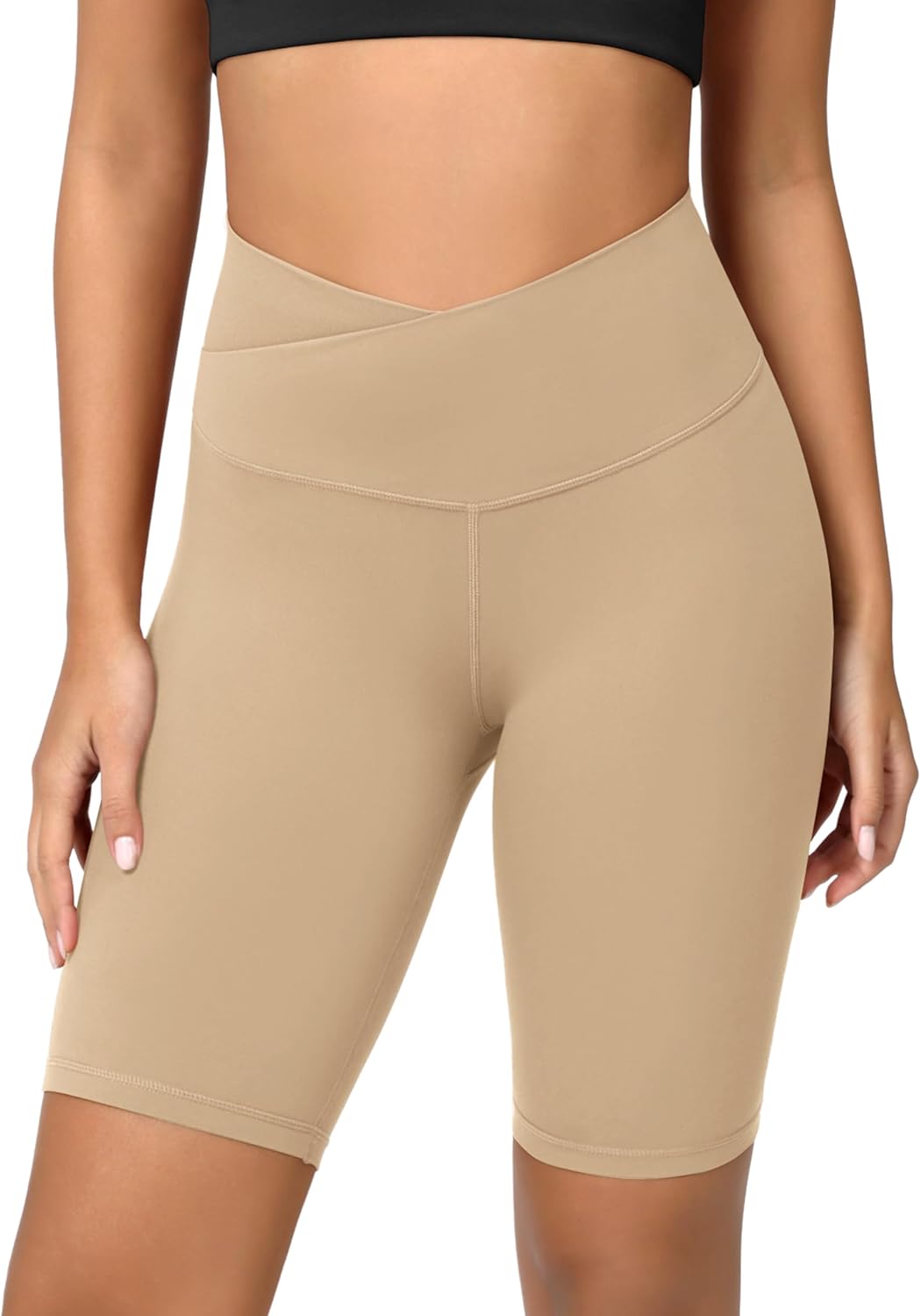 ODODOS Cloud Feeling Crossover Yoga Shorts with Back Pocket for Women 6quot  8 V High Wasit Lounge Biker ShortsBeige