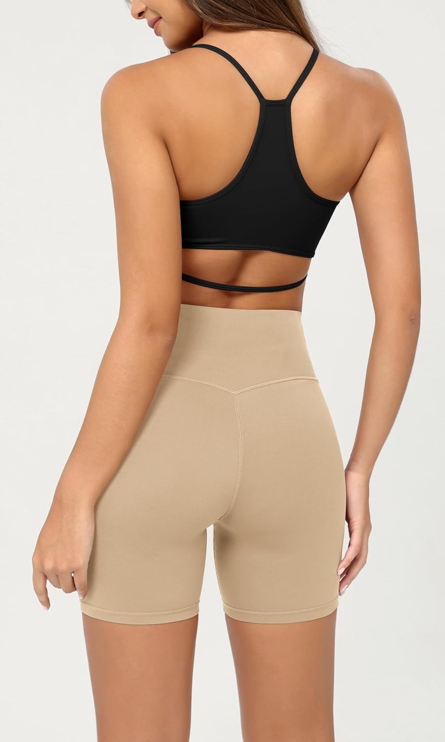 ODODOS Cloud Feeling Crossover Yoga Shorts with Back Pocket for Women 6quot  8 V High Wasit Lounge Biker ShortsBeige
