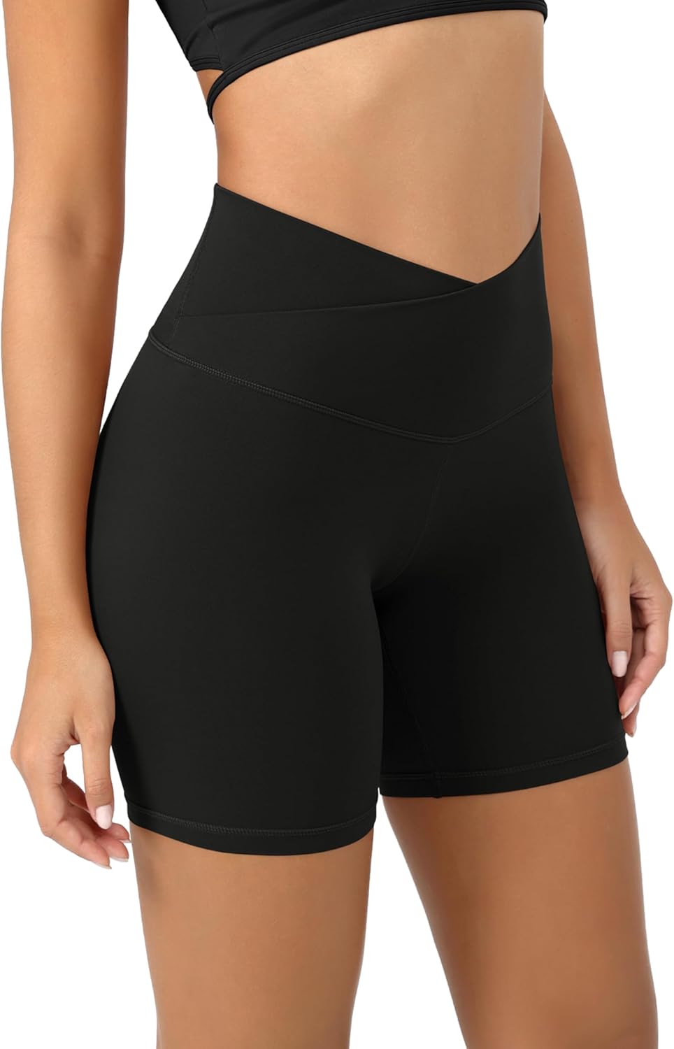 ODODOS Cloud Feeling Crossover Yoga Shorts with Back Pocket for Women 6quot  8 V High Wasit Lounge Biker ShortsBlack