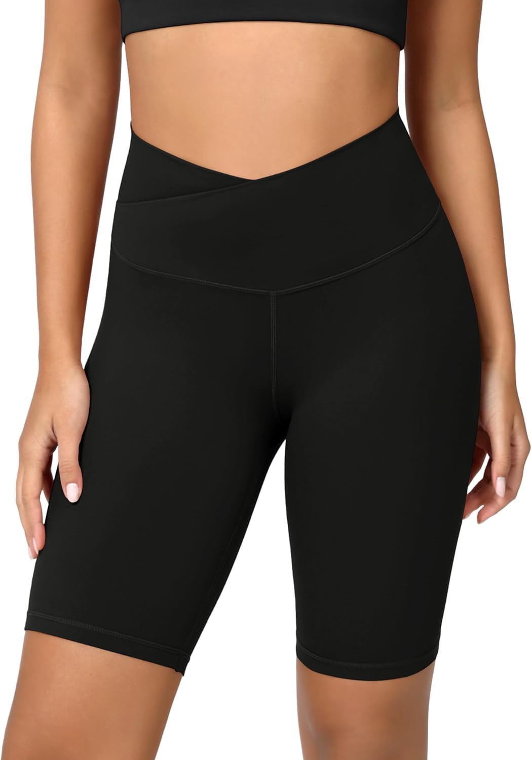 ODODOS Cloud Feeling Crossover Yoga Shorts with Back Pocket for Women 6quot  8 V High Wasit Lounge Biker ShortsBlack