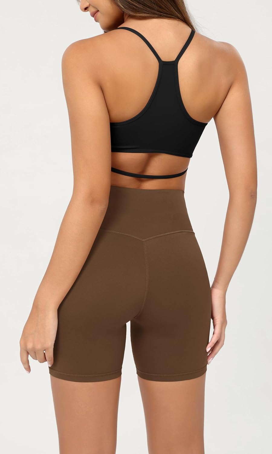 ODODOS Cloud Feeling Crossover Yoga Shorts with Back Pocket for Women 6quot  8 V High Wasit Lounge Biker ShortsBrunette