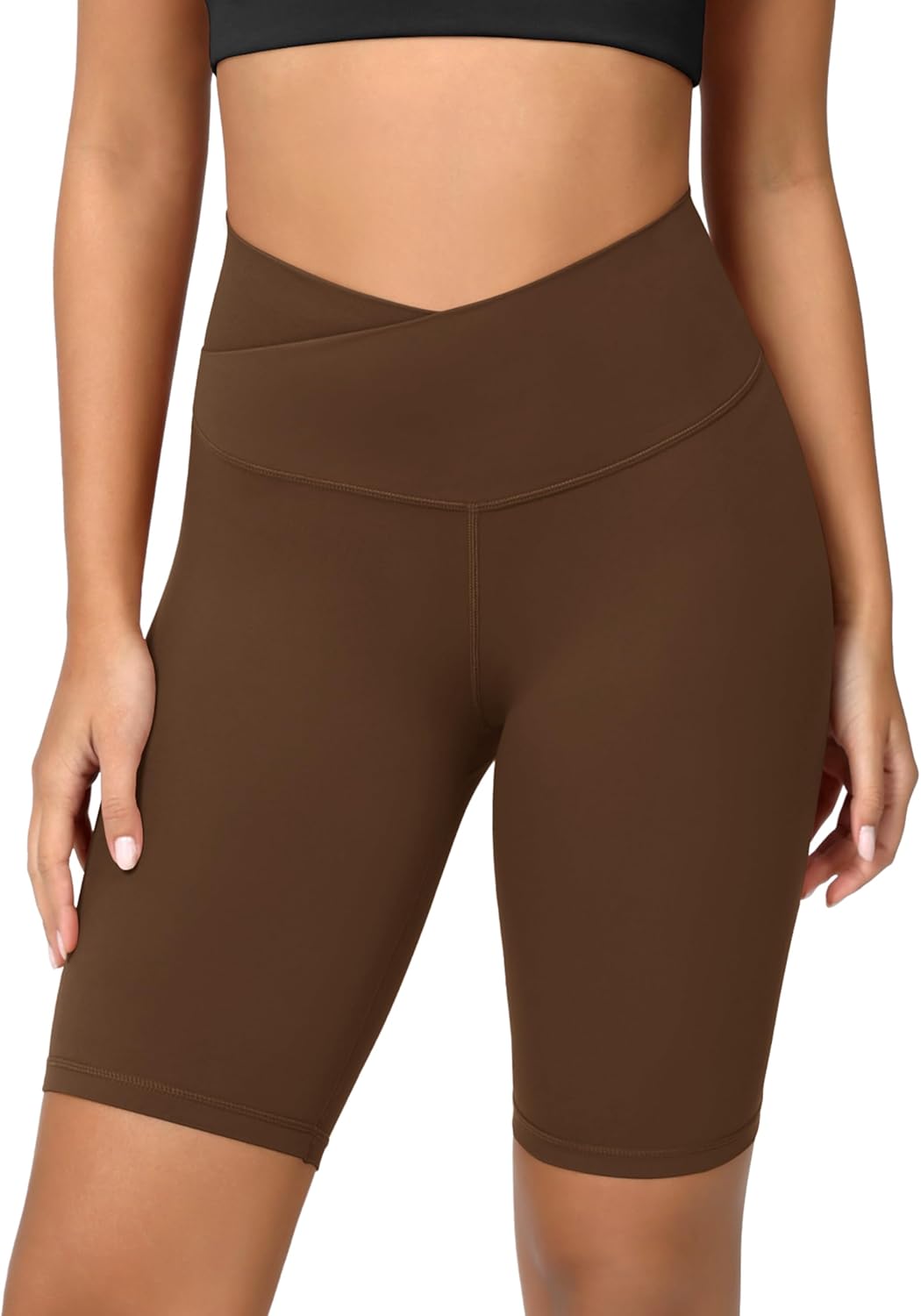 ODODOS Cloud Feeling Crossover Yoga Shorts with Back Pocket for Women 6quot  8 V High Wasit Lounge Biker ShortsBrunette