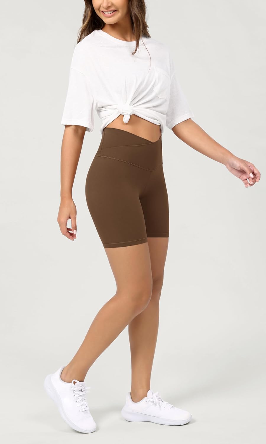 ODODOS Cloud Feeling Crossover Yoga Shorts with Back Pocket for Women 6quot  8 V High Wasit Lounge Biker ShortsBrunette