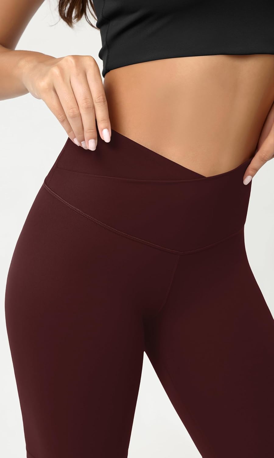 ODODOS Cloud Feeling Crossover Yoga Shorts with Back Pocket for Women 6quot  8 V High Wasit Lounge Biker ShortsBurgundy