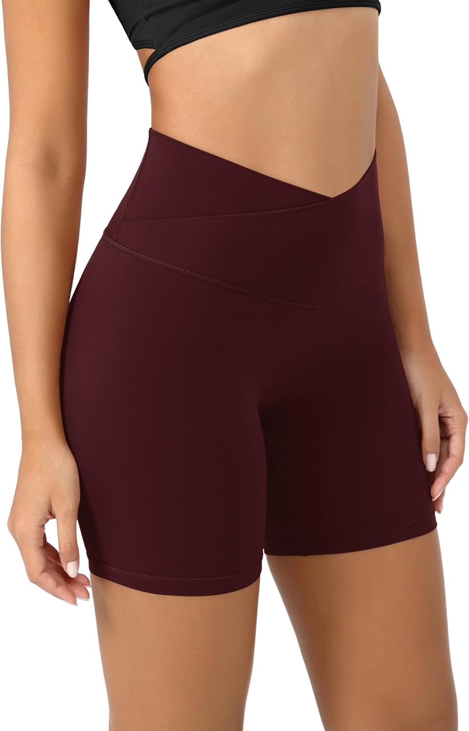 ODODOS Cloud Feeling Crossover Yoga Shorts with Back Pocket for Women 6quot  8 V High Wasit Lounge Biker ShortsBurgundy