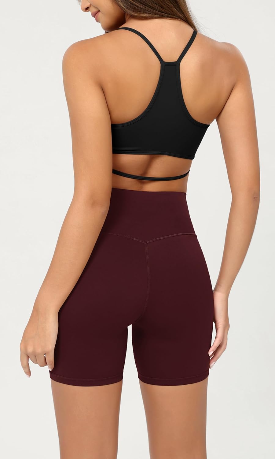 ODODOS Cloud Feeling Crossover Yoga Shorts with Back Pocket for Women 6quot  8 V High Wasit Lounge Biker ShortsBurgundy