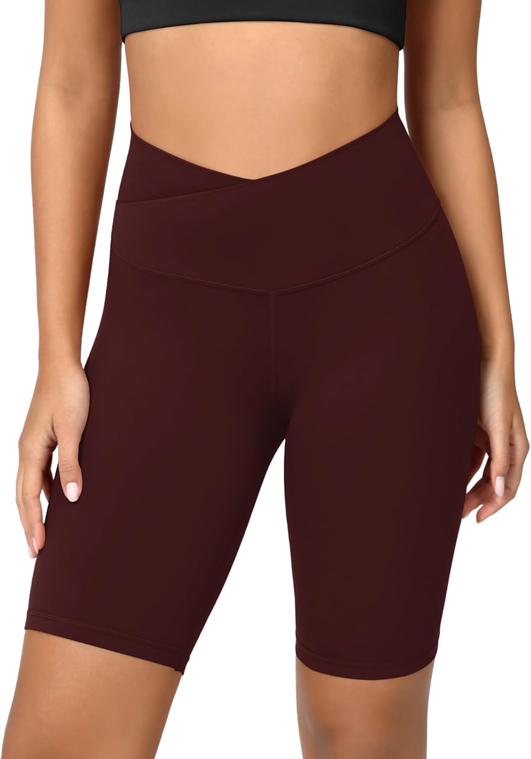 ODODOS Cloud Feeling Crossover Yoga Shorts with Back Pocket for Women 6quot  8 V High Wasit Lounge Biker ShortsBurgundy