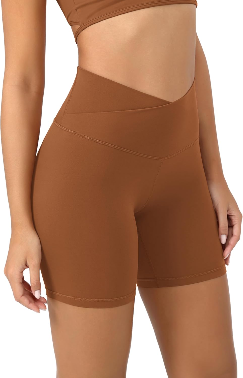 ODODOS Cloud Feeling Crossover Yoga Shorts with Back Pocket for Women 6quot  8 V High Wasit Lounge Biker ShortsCaramel