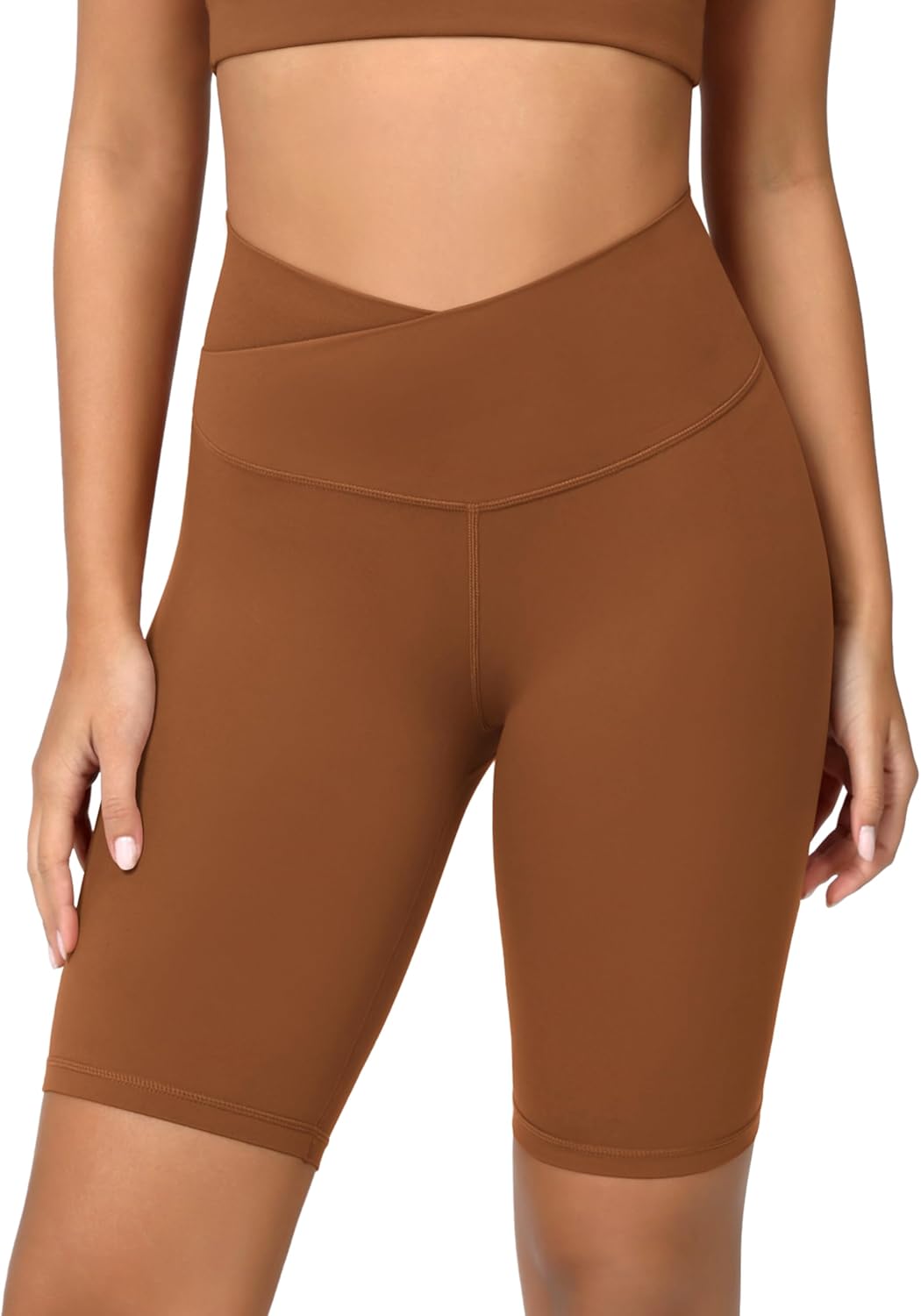 ODODOS Cloud Feeling Crossover Yoga Shorts with Back Pocket for Women 6quot  8 V High Wasit Lounge Biker ShortsCaramel